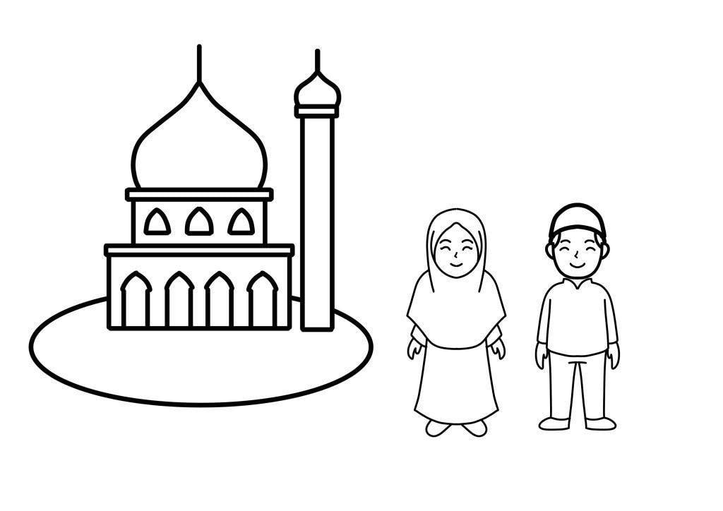Gambar Mewarnai Masjid dan Orang